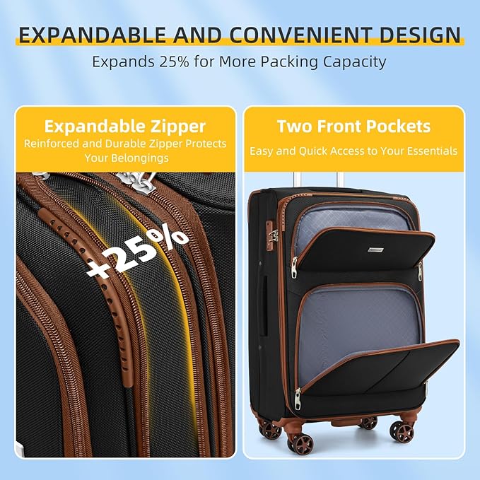 LARVENDER Luggage Sets 5 Piece Softside Expandable Suitcases Set with Spinner Wheels TSA Lock, Lightweight Soft Shell Rolling Travel Luggage Set Clearance for Men and Women, Black Brown