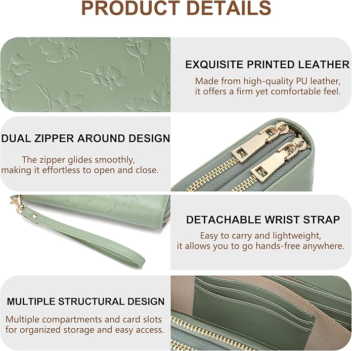 yiijay Womens Wallet RFID Blocking Large Capacity Vegan Leather Double Zip Wristlet Wallet Card Holder Travel Ladies Clutch