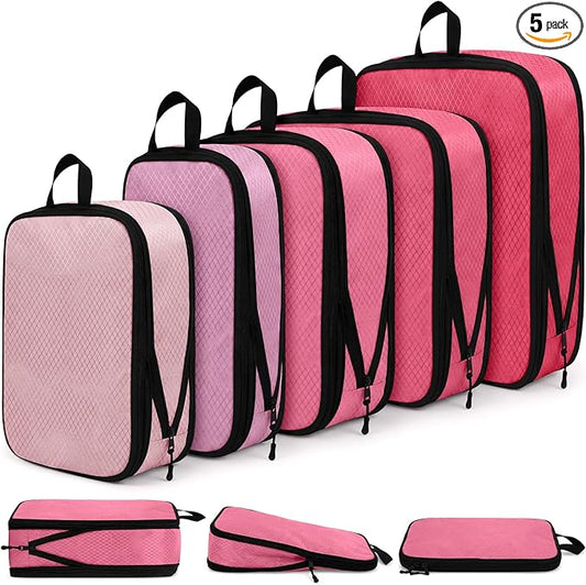 5 Pack Compression Packing Cubes for Travel Space Saving Cubes Luggage Organizer for Suitcase(Pink,Mixed)