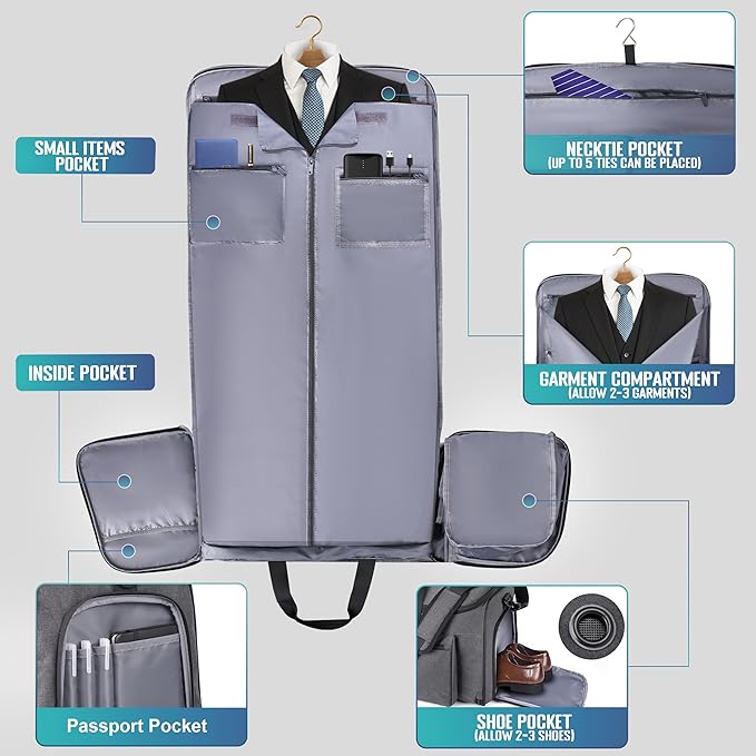 HILOMON Convertible Duffle Bags for Travel Carry On Suit Duffle Bags with Shoulder Strap 2 in 1 Hanging Garment Duffle Bag for Men Women (Gray Mesh Storage)