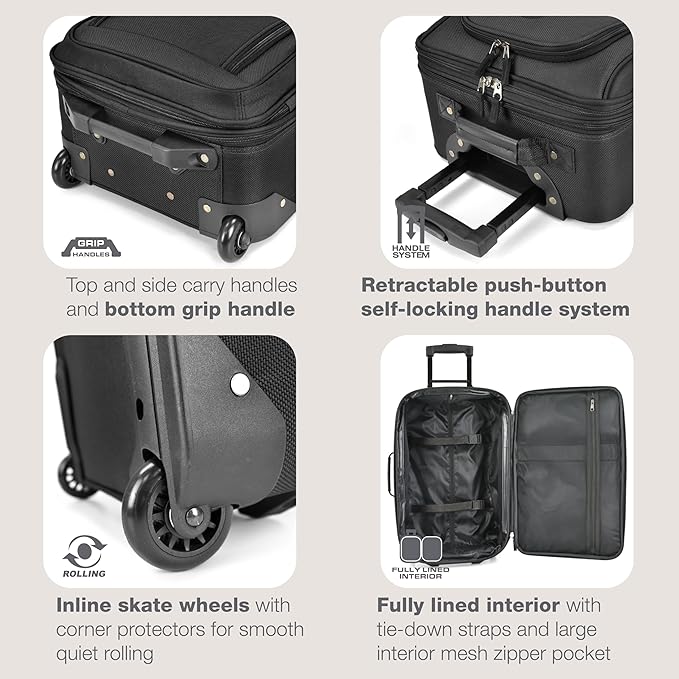 U.S. Traveler Rio Lightweight Softside Rolling Carry-on Suitcase, 2-Wheel Set, Black