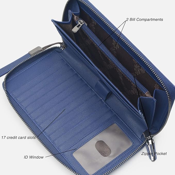 Bveyzi Women RFID Blocking Wallet Leather Zip Around Phone Clutch Large Capacity Ladies Travel Purse Wristlet | RFID Blocking, Zip Around, Large Capacity