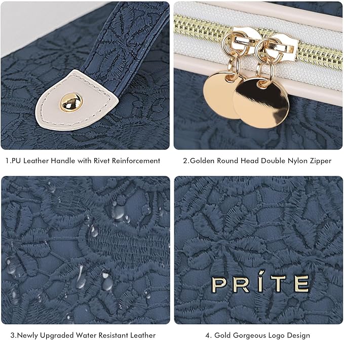 Prite Makeup Bag for Women Travel Waterproof Vegan Leather Cosmetic Bag Open Flat Toiletry Bag With Clear Divider and Handle (Large Blue Flower)