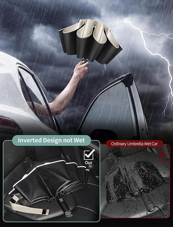 Seniny Inverted Travel Umbrella Compact - Windproof Umbrellas for Rain with Reflective Strip, Large UV Umbrella for Sun Protection, Automatic Portable Umbrellas Fold in Reverse for Car, Backpack