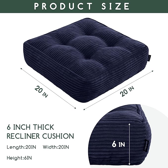 HIGOGOGO Tufted Corduroy Recliner Seat Cushion for Elderly, 20x20x6 Inch Extra Large Square Seat Cushion for Recliner Chair, Floor Pillow, Office Chair, Car, No Pressure on Thighs, Navy