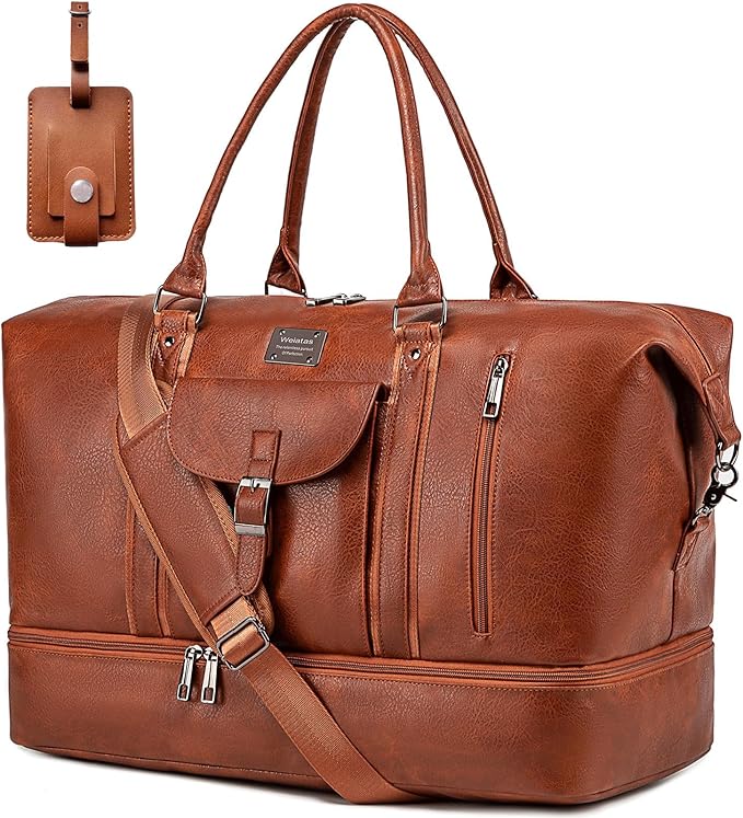 weiatas Faux Leather Travel Duffel Bag for Women Men, Large Weekender Overnight Bag with Shoes Compartment, Waterproof Carry On Bag Travel Tote Bag Gym Bag with Luggage Strap (Brown)