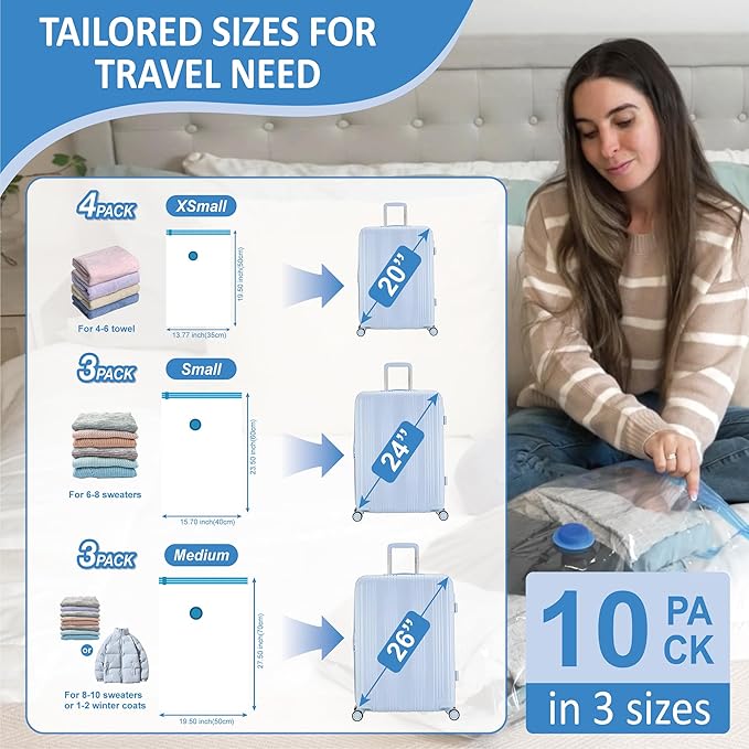 Cozy Essential Travel Vacuum Storage Bags with Rechargeable Cordless Electric Pump, Space Saver Bags for Luggage, Suitcase, Carry-On, for Clothes, Blankets, Comforters, Pillows, 10 Combo