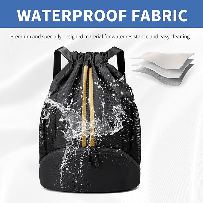 Drawstring Backpack Gym Bag with Shoes Compartment for Soccer, Basketball, Swim, Water-Resistant String Backpack Beach Cinch for Women Men, Black Gold