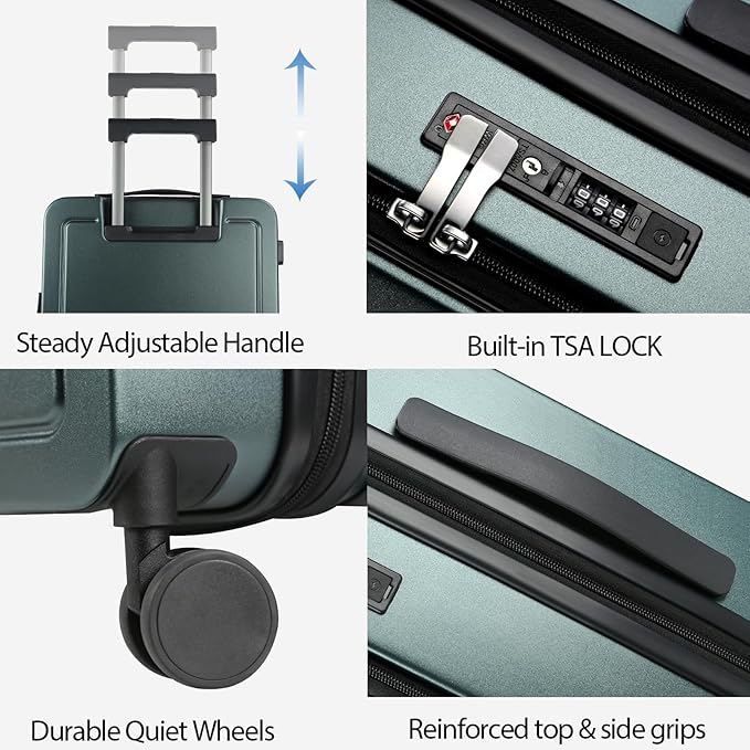 KROSER Carry On Luggage with Spinner Wheels & Built-in TSA Lock, Expandable Top Opening Hard Shell Suitcase Large Capacity Durable Rolling Luggage with USB Port, Carry-On 20-Inch, Dark Green