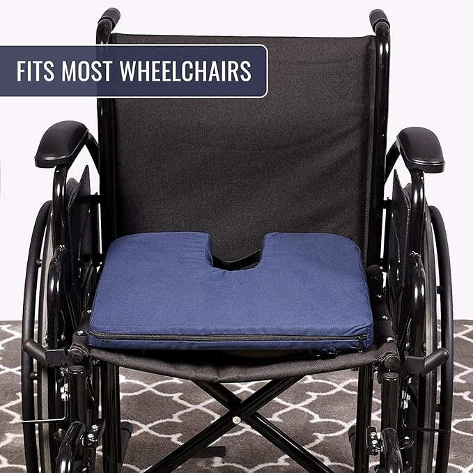 DMI Sloping Back Foam Seat Cushion for Coccyx Pain Relief, For Use with Chairs and Wheelchairs, With Cover, FSA HSA Eligible, 16 x 18 x 2 – 4 Inches, Navy.