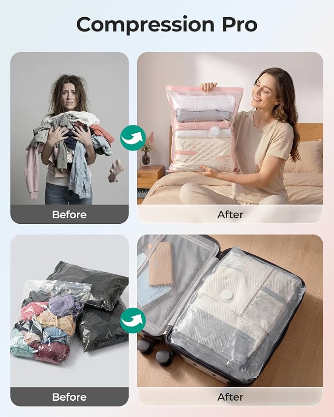 BAGSMART Vacuum Storage Bags with Portable Pump, Travel Space Saver Bags for Clothes, Heavy Duty Compression Bags for Storage, Vacuum Seal Bags with Hand Pump, Travel Essentials for Packing-Gray