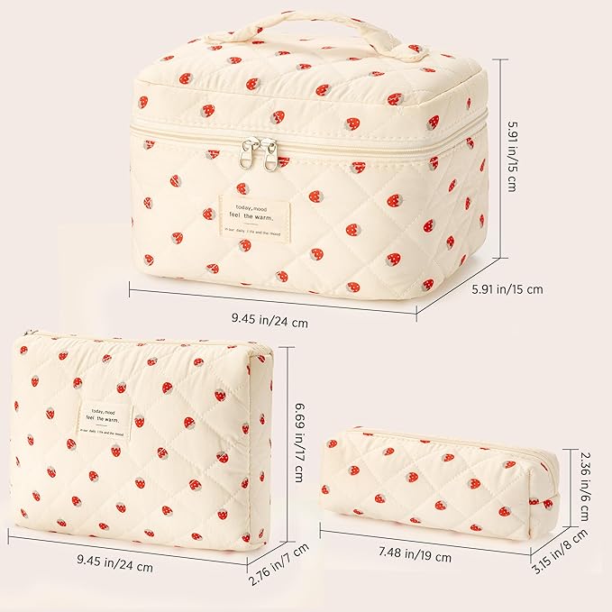 HBselect Quilted Makeup Bag, 3PCS Cotton Large Travel Makeup Bag, Cute Floral Coquette Make up Bag Cosmetic Bag Toiletry Bag for Women Girls