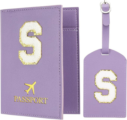 PATIKIL Passport Holder for Travel, Initial Passport Cover and Luggage Tag Set with Alphabet Chenille Letter Patch Travel Wallet Bag Suitcase Identifier for Women Family Travel Purple S