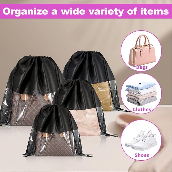 12 Pcs Shoe Bags for Travel, Dust Bags for Handbags, Dustproof Drawstring Bags in 4 Size, Breathable Non Woven Fabric Storage Bag for Handbags Shoes Purses, Black