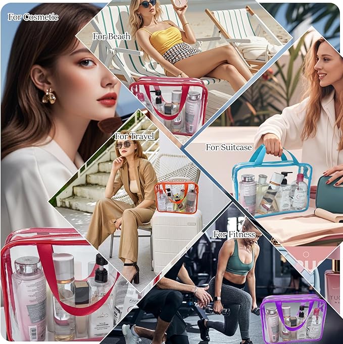 4 Packs Large Clear Makeup Bag, Waterproof Clear Comestic Toiletry Organizer Bags with Handle, Reusable PVC Storage Bags with Zipper for Travel
