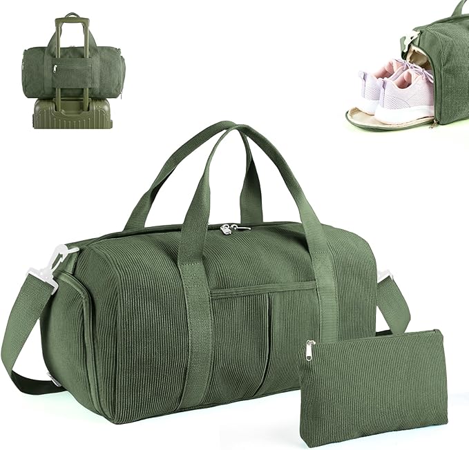 2PCS Cute Gym Bag for Girls, Corduroy Duffle Bag with Wet Pocket & Shoe Compartment and item bag, Duffle Bag for Travel, Sports, Fitness & Workout