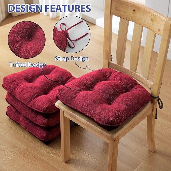 Chair Cushions for Dining Chairs Set of 4, Red Kitchen Chair Cushions, Chair Pads with Ties and Non Slip Backing, Christmas Room Decor, Tufted Memory Foam Seat Cushion 4 Pack, 18"x18"x4"