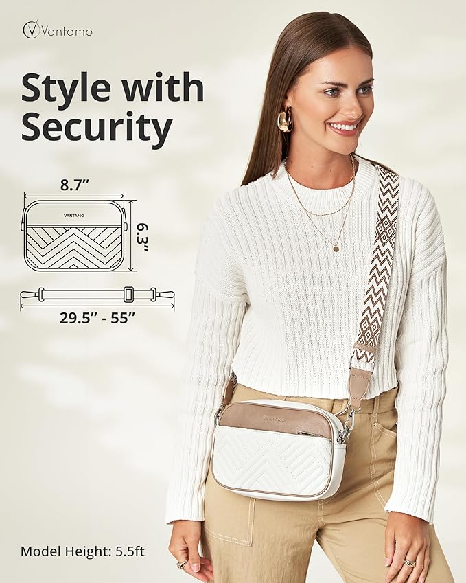 Vantamo Premium Quilted Crossbody Bags for Women with Anti-Pickpocket Clip, Vegan Leather Handbags, Travel Purses for Women