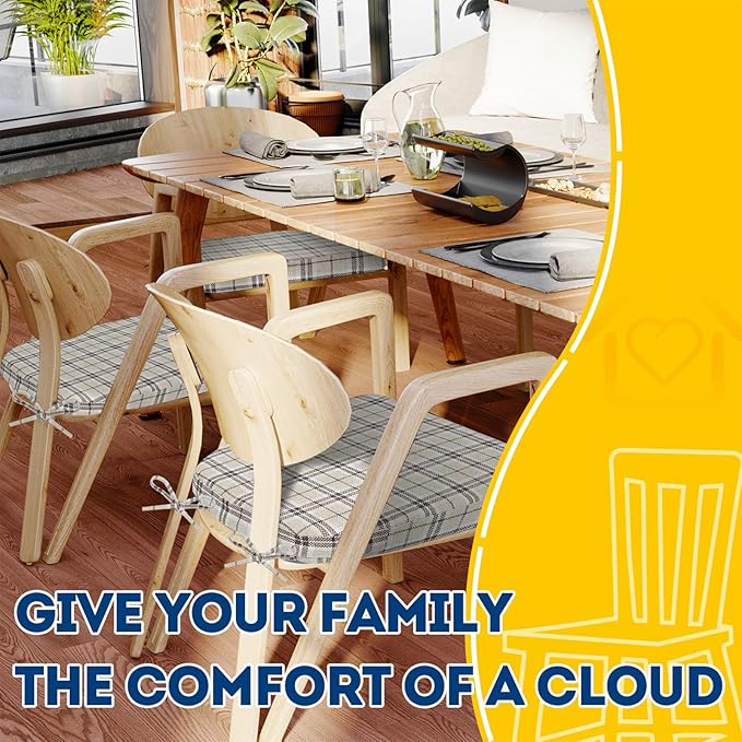 AAAAAcessories D-Shaped Chair Cushions, 2" Thick Dining Chair Pads with Ties and Removable, Machine-Washable Cover, 17" x 16", Set of 4, Yellow Checkered