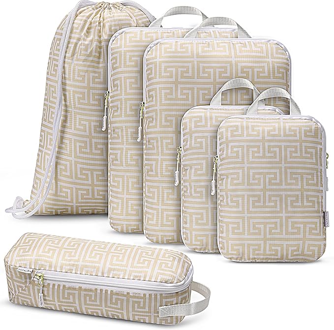 Compression Packing Cubes for Travel 6PC Set - Suitcase Organizer & Space Saver Bags for Carry On Luggage with Drawstring Backpack Beige Boho