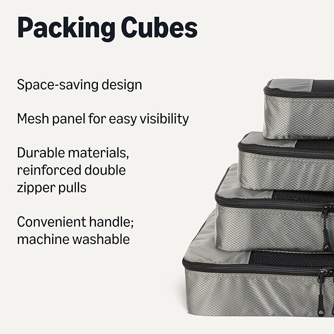 Amazon Essentials 4-Piece Packing Cubes Travel Accessories Set, Space-Saving Luggage Organizer with Double Zipper, Mesh Top Panel, Small/Medium/Large/Slim, Gray (Previously Amazon Basics)