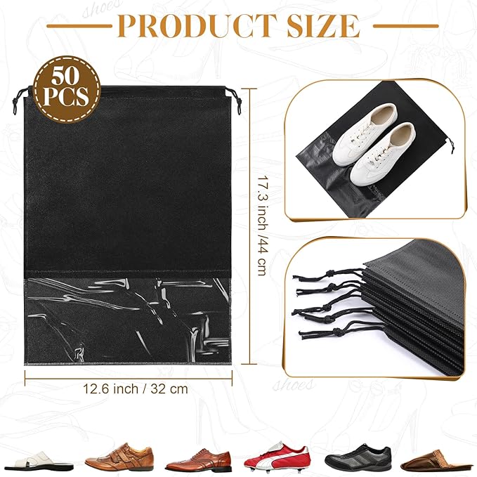 Sadnyy 50 Pcs Black Shoe Bags for Travel Large Non Woven Drawstring Shoes Organizers Pouch for Packing Portable Storage Bags Carrier for Women Men Travel Storage, 12.6x17.3 Inches
