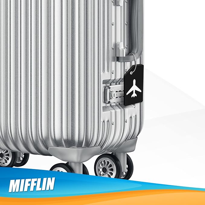Mifflin-USA Silicone Luggage Tags (Black, 2 Pack) with Plane Embedded Design & Name ID Card; Bright Colors to Quickly Find Your Bag