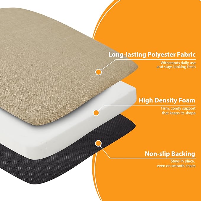 Chair Cushions for Dining Chairs, 2" Thick Seat Cushions for Kitchen Chairs, D-Shaped Chair Pads with Washable Cover, Ties and Non Slip Backing, 17'' x 16'', Set of 4, Khaki