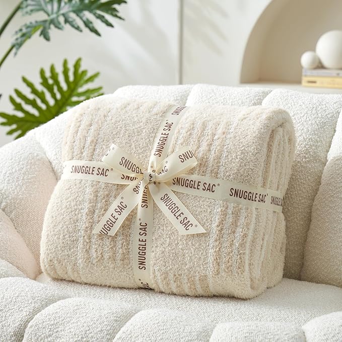 Snuggle Sac Faux Fur Checkered Blanket Twin Size with Soft Knitted Microfiber,Reversible Soft Cozy Warm Blanket for Sofa Bedroom,Cute Lightweight Striped Throws for Women,Heather Cream,60x80 inches