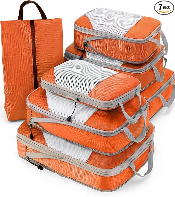 Meowoo 7 Set Compression Packing Cubes for Travel, Durable Ripstop Mesh Suitcase Organizer with Shoe Bag, Ultralight & Expandable Space Saver Travel Cubes