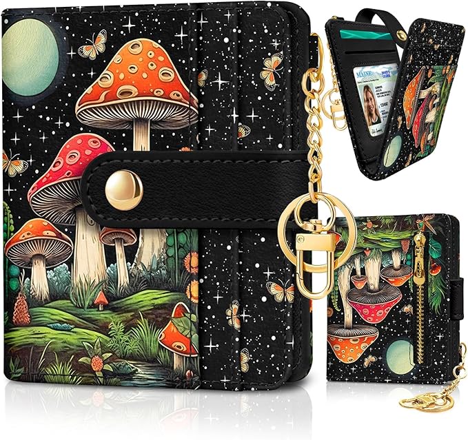 Jogjam Mushroom Rfid Women Wallet, Small Slim Thin Credit Card Wallet, PU Leather Bifold Cash Zipper Coin Pocket ID Window for Female Ladies Teen Girls Girly