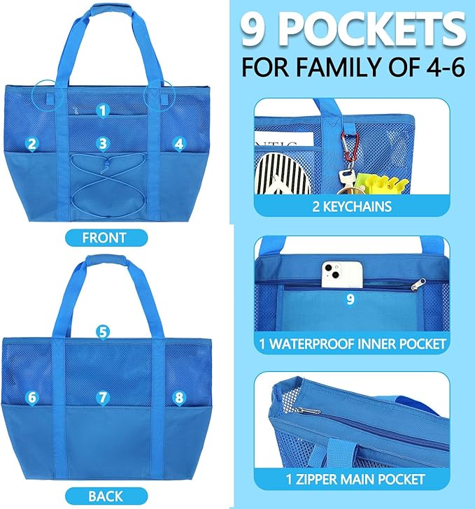 Fammart Mesh Beach Bag, Large Beach Tote with Zipper Pocket, Toys Pool Bag for Family Travel Vacation Cruise Essentials