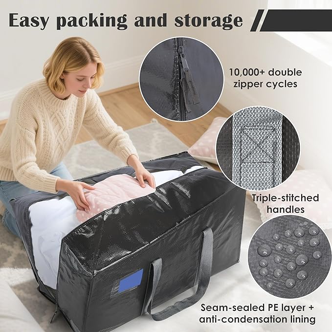 6 Pack Extra Heavy Duty Large Moving Bags with Reinforced Zipper & Wide Handles, Waterproof Storage Bins for Clothes, College Dorm, Travel, and Home Organization, Gray