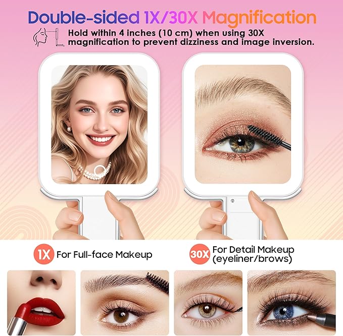 GOMIPURU Magnifying Travel Mirror with Light, 30X/1X Double-Sided Magnifying Mirror with 3 Color Lights, Brightness Adjustable, Foldable Handheld Makeup Mirrors Portable for Travel and Desktop Use