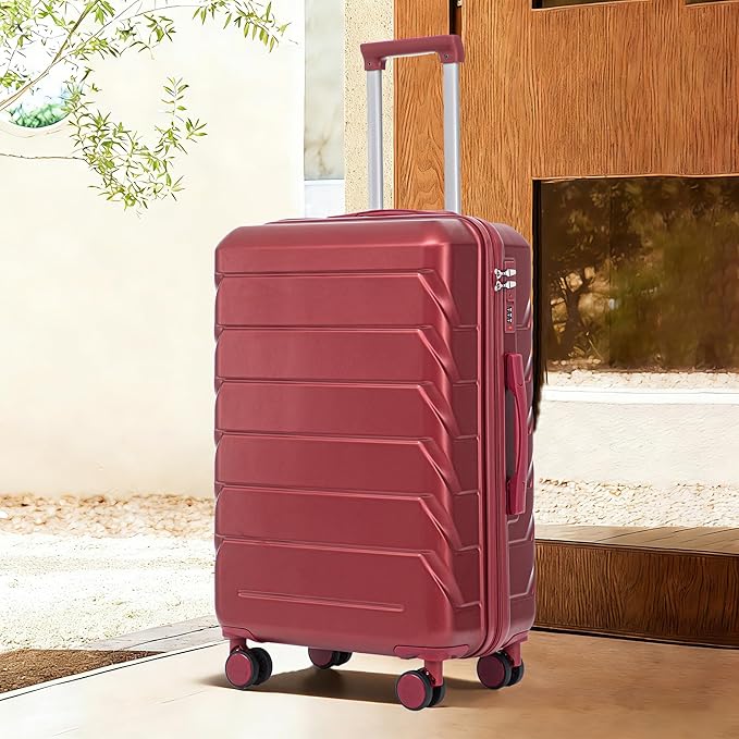 28 Inch Checked-Large Luggage, Lightweight ABS Hard Shell Suitcase with Spinner Wheels, Expandable Travel Luggage with Combination Lock & Side Hooks for Men Women (Red, 28)