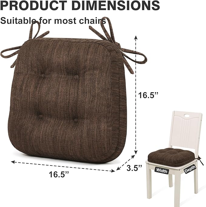 Shinnwa Dining Chair Cushions Set of 6, Dual-Layer Memory Foam Kitchen Chair Cushions, Patented Design Seat Pads with Ties, 16.5 x 16.5 x 3.5in, 6 Pack, Dark Brown