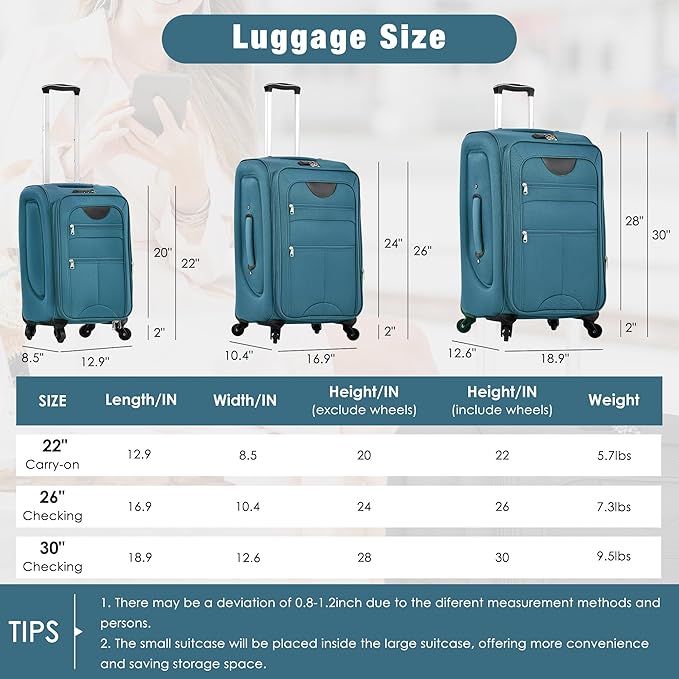 Softside Luggage 3-Piece Set with Duffel Bag, Lightweight Suitcases with Spinner Wheels, TSA Lock & Expandable for Travel, Business Trips, Durable Softshell Travel Luggage Set (Green)
