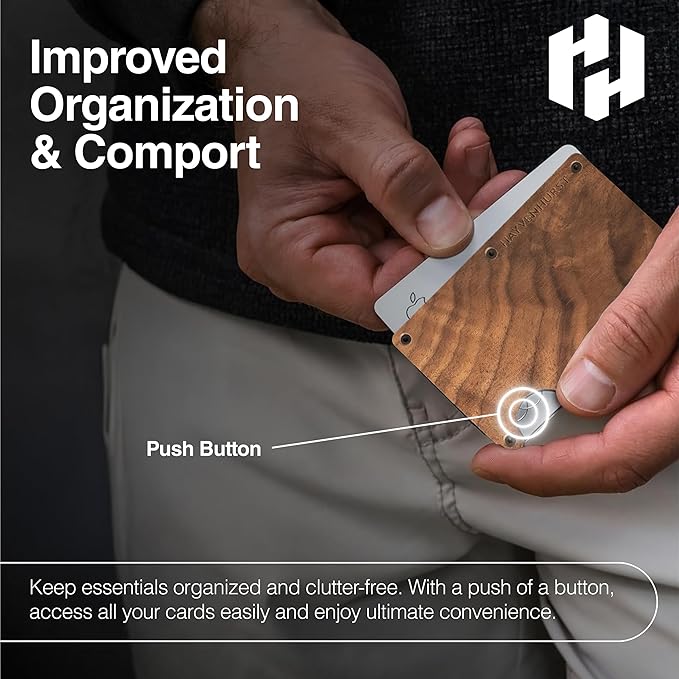 Hayvenhurst Wallet For Men - Reinvented Design Men's Wallet - Slim, Minimalistic & Seamless, Blocks RFID Scanners with a Cash Strap (Walnut Wood)