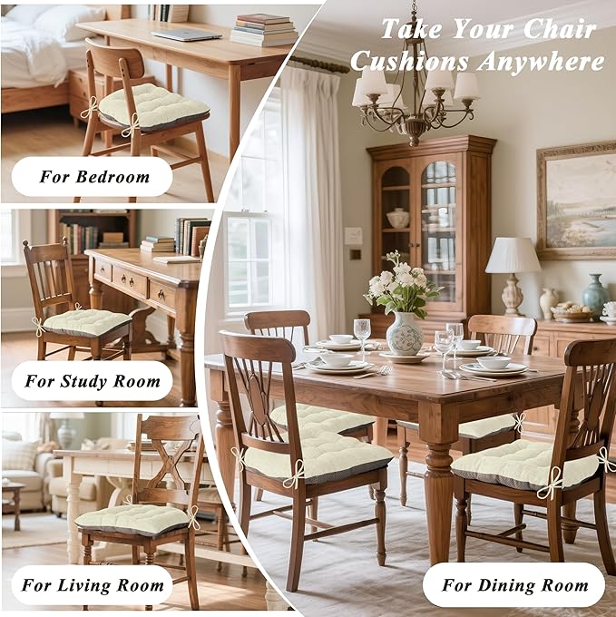Chair Cushions for Dining Chairs Set of 2 Durable D-Shaped Seat Cushions with Non-Slip Backing Secure Ties Thick Cozy Seat Pad for Kitchen Dining Room Office(18x16.5x3in Beige)