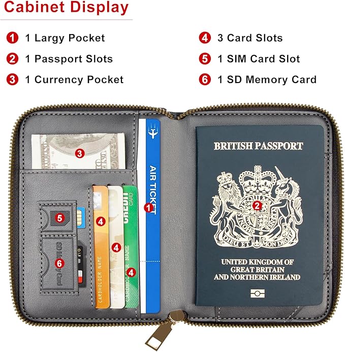 defway Passport Holder Travel Wallet - RFID Blocking Passport Holder Wallet, Full Zip Travel Card Cover with RFID Protection, Multi Slot Organizer for Cards Cash Documents Travel Essentials (Grey)
