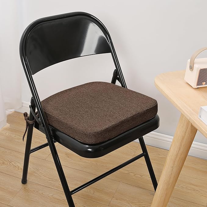 SINOSSO Memory Foam Chair Cushion for Folding Chair 1 Pcs, Thickened 2" Square Kitchen Chair Pad with Ties, Indoor Non-Slip Dining Chair Seat Cushion (1 Pcs, Dark Brown)