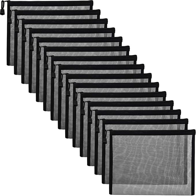 Outus 15 Pieces Mesh Bags Pouch Mesh Zipper Pouch Makeup Bags Cosmetic Travel Organizer Zipper Pencil Case for Organizing Office travel Storage(9.5 x 7.1 Inches,Black)