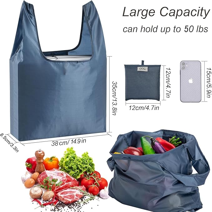 Large Reusable Bags Shopping Washable Foldable 6 Pack Grocery Bags Heavy Duty Lightweight Folding Gift Tote Bags Durable Polyester Gray