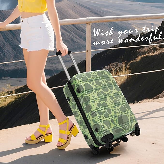 Merax Suitcase Set, Hardshell Luggage Sets 3 Piece with Spinner Wheels, Durable Printing Suitcase with TSA Lock Lightweight 20" 24" 28",Green