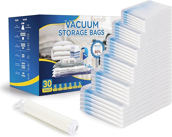 30 Pack Vacuum Storage Bags, Compression Storage Bags, Space Saver Bags for Comforters, Blankets, Pillows and Clothes Storage, Hand Pump Included (5 Jumbo/5 L/5 M/5 S/5 Roll M/5 Roll S)