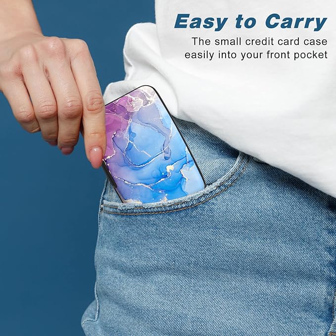Credit Card Holder, Mini Aluminum Card Wallet RFID Blocking Slim Metal Hard Card Case for Women Men, Blue Purple Marble