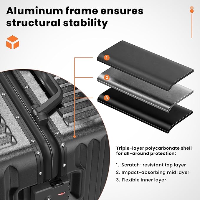 Carry on Luggage, 20 Inch Aluminum Frame PC Hardshell Suitcase with Cup Holder & Charger Port, Airline Approved Weekend Business Travel Case with Spinner Wheels, Tsa Lock