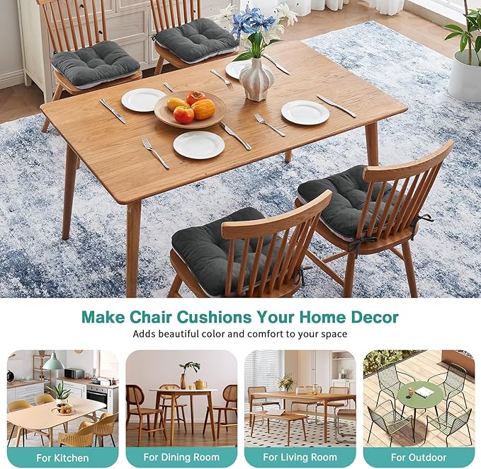 BETU Chair Cushions for Dining Chairs Set of 4,3.5" Thick Kitchen Table Chair Pads with Ties,Non Slip Backing and Covers, Seat Cushion for Dining Room,Bar,Patio Chairs,16"X16"X3.5",Dark Grey