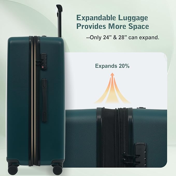 Merax Luggage Sets 5 Piece Front Open, Hardside 20" Carry On Suitcase Set with USB Port,Lightweight Expandable Travel 24" 28" Luggage with Bags TSA Locks Double Spinner Wheels,Dark Green