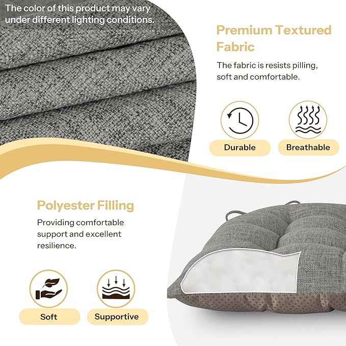 Chair Cushions for Dining Chairs Set of 2 Durable D-Shaped Seat Cushions with Non-Slip Backing Secure Ties Thick Cozy Seat Pad for Kitchen Dining Room Office(18x16.5x3in Light Grey)